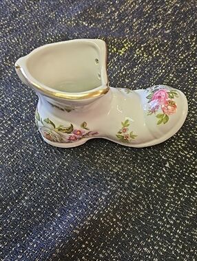 Floral Porcelain Boot Vase with Gold Trim - White